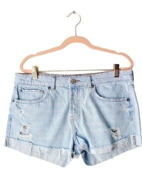 MANGO Light Wash Blue Distressed Denim Shorts